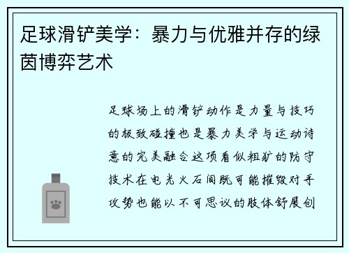 足球滑铲美学：暴力与优雅并存的绿茵博弈艺术